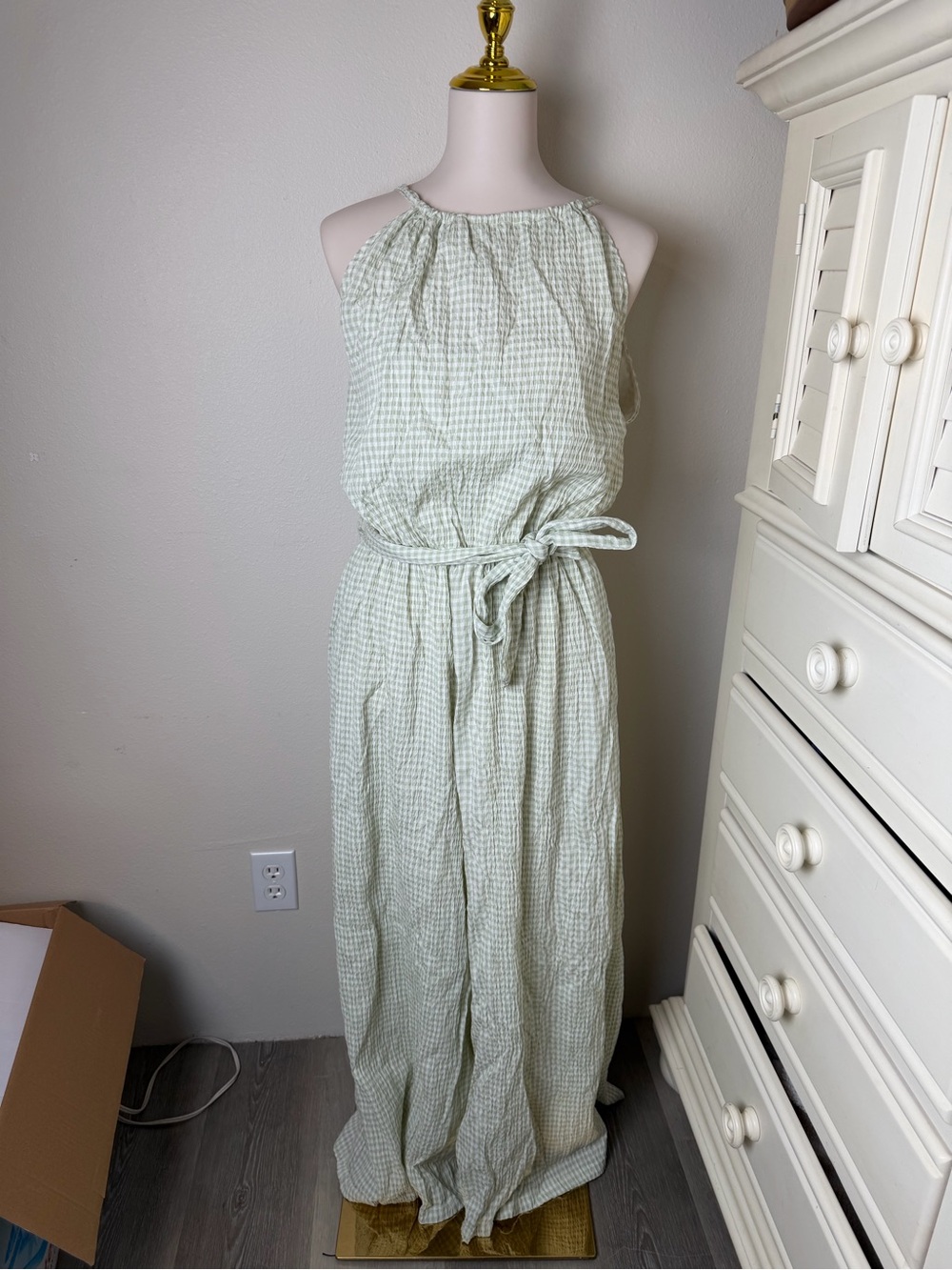 Light Green Gingham Halter Tie-Waist Jumpsuit
